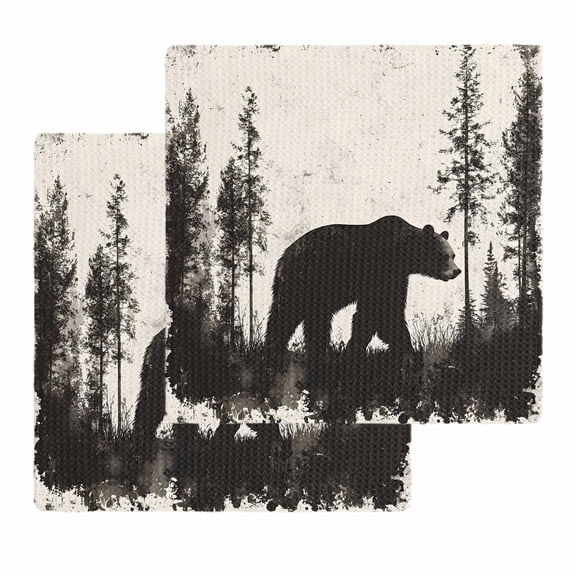 Black Bear Dish Towels Set, Waffle Weave Kitchen Towels 2 Pieces, Vintage Forest Cabin Animals Silhouette Microfiber Hair Face Bath Tea Towel Absorbent Quick Drying Cleaning Dish Cloths 12"x12"