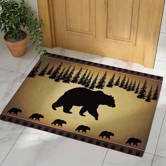 Black Bear Door Mat, Non Slip Bathroom Rugs, Vintage Animals Farmhouse Pine Brown Forest Absorbent Floor Mats, Washable Runner Rug Indoor Doormat for Front Door Entrance, Patio, Garage 16"x24"