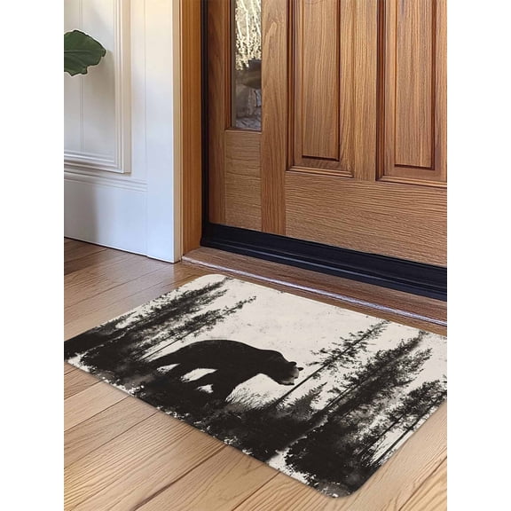 Black Bear Door Mat&nbsp;Indoor Outdoor Entrance, Non Slip Small Rug for Kitchen Bathroom Entryway Rug, Vintage Forest Cabin Animals Silhouette Washable Doormat Floor Mat 16x24 Inch