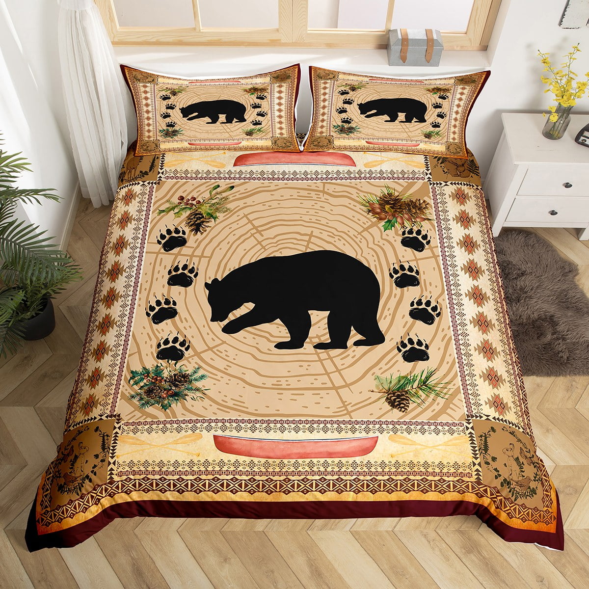 Black Bear Duvet Cover Twin Rustic Cabin Decor Bedding Tribal Bear Wild Animals Comforter Cover