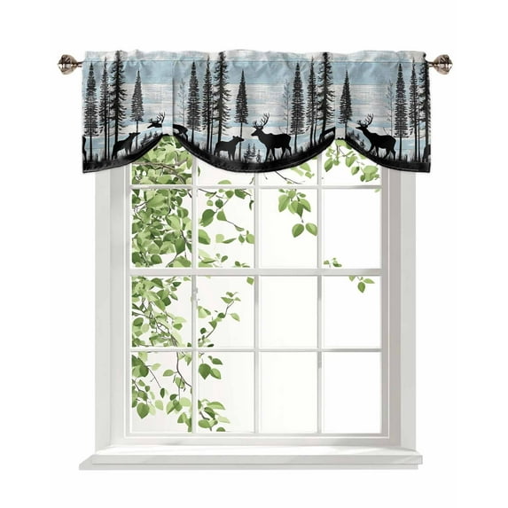 Black Bear Elk Tie Up Valances Curtain, Adjustable Kitchen Blue White Wood Grain Forest Animal Nature Valances for Windows Decor, Rod Pocket Short Curtains Set for Bedroom/Bathroom, 54"x18"