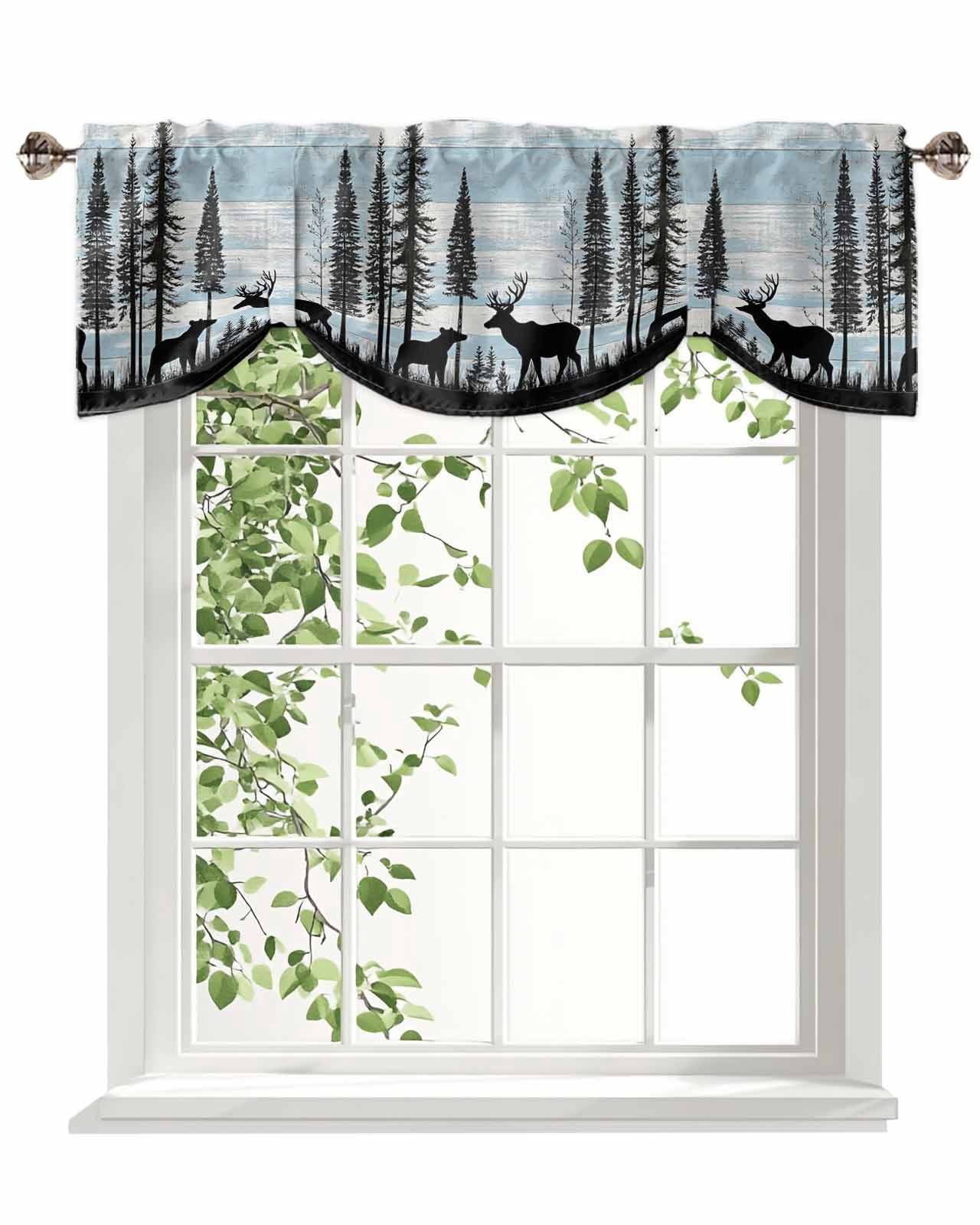 Black Bear Elk Tie Up Valances Curtain, Blue White Wood Grain Forest Animal Nature Kitchen Valances for Windows Decor, Rod Pocket Short Curtains Set for Bedroom/Bathroom, 60"x18"