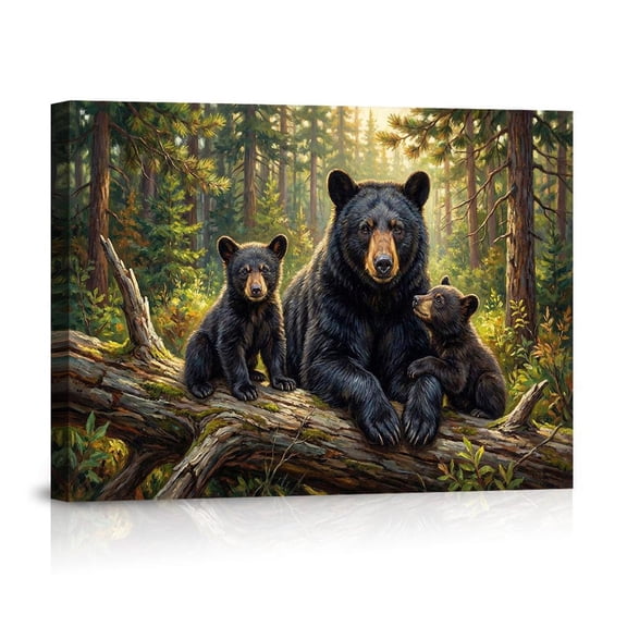 Black Bear Family Forest Cubs Rustic Nature Canvas