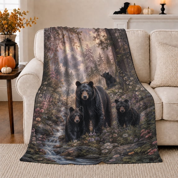 Black Bear Family by Forest Stream and Waterfall, Serene Wildlife Art for Bear Lovers, Warm Flannel Blanket for Cabin and Lodge, Father's Day Gift, Rustic Home Decor