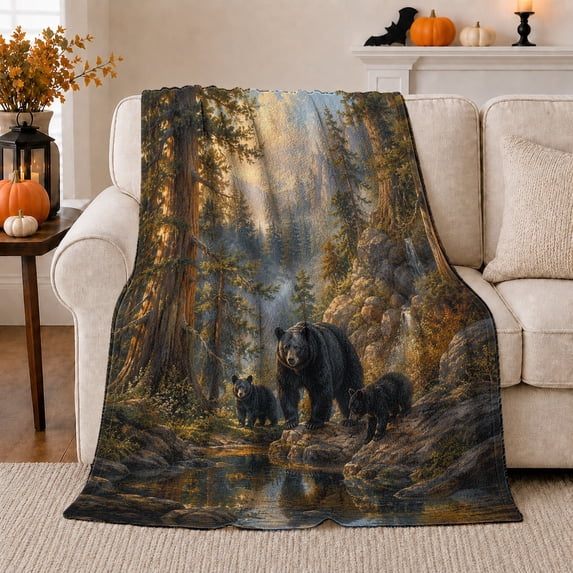 Black Bear Family beside Forest River and Tall Pines, Peaceful Wildlife Scene for Bear Lovers, Warm Flannel Blanket for Cabin and Lodge, Father's Day Gift, Rustic Home Decor