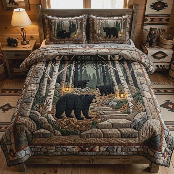 Black Bear Forest Quilted 3-Piece Bedding Set Rustic Cabin Lodge Woodland Bedroom Decor Gift