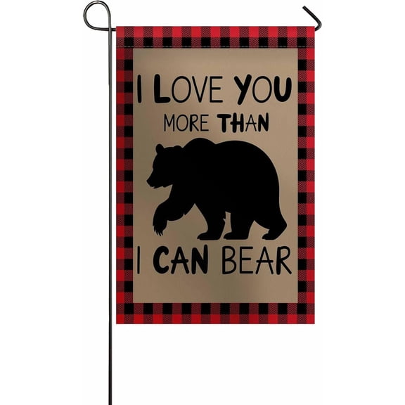 Black Bear Garden Flag 12x18 Inch I Love You Red Black Plaid Winter Christmas Double Sided Outdoor Garden Flags Welcome House Flag Xmas Yard Flags for Outside Holiday Decoration