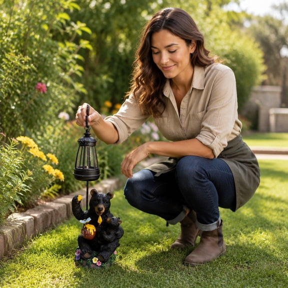 Black Bear Garden Statue with Solar Lantern, Bear Figurine Lights for Outside, Yard Garden Decor Unique Birthday Housewarming Gifts for Women, Mom