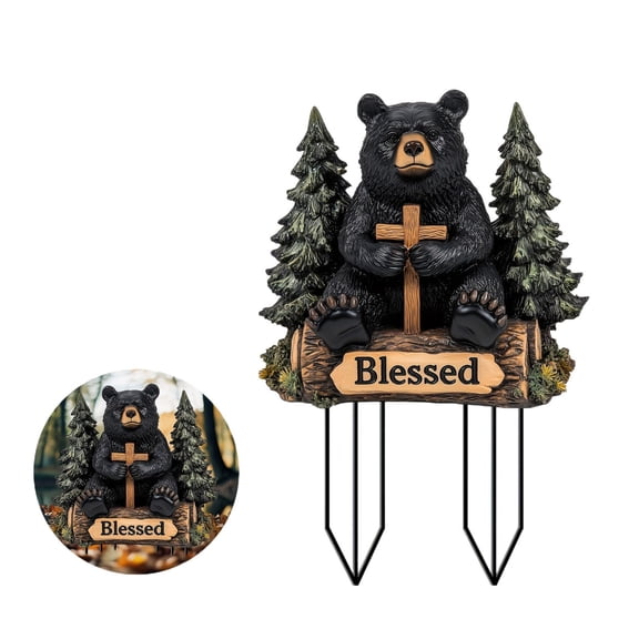 Black Bear Guarding Cross Garden Acrylic Stake For Outdoor Yard Flower Bed Decoration