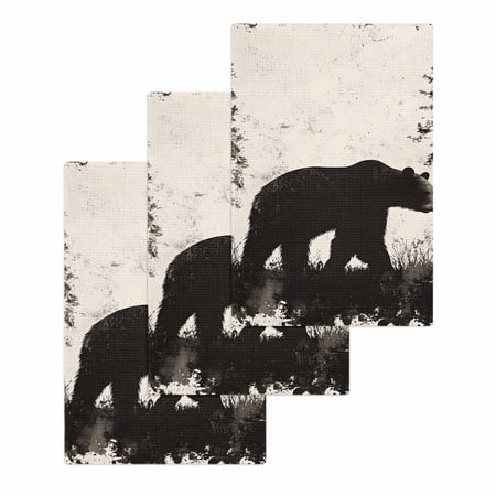 Black Bear Hand Towels Set, Waffle Weave Kitchen Towels 3 Pieces, Vintage Forest Cabin Animals Silhouette Microfiber Hair Face Bath Tea Towel Absorbent Quick Drying Cleaning Dish Cloths 15.7"x23.6"