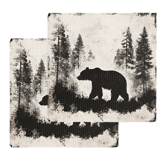 Black Bear Kitchen Dish Towels for Drying Dishes Set of 2, Vintage Rustic Wildlife Forest Woodland Waffle Weave Microfiber Hand Tea Bathroom Towels Quick Dry & Absorbent Towel 12x12