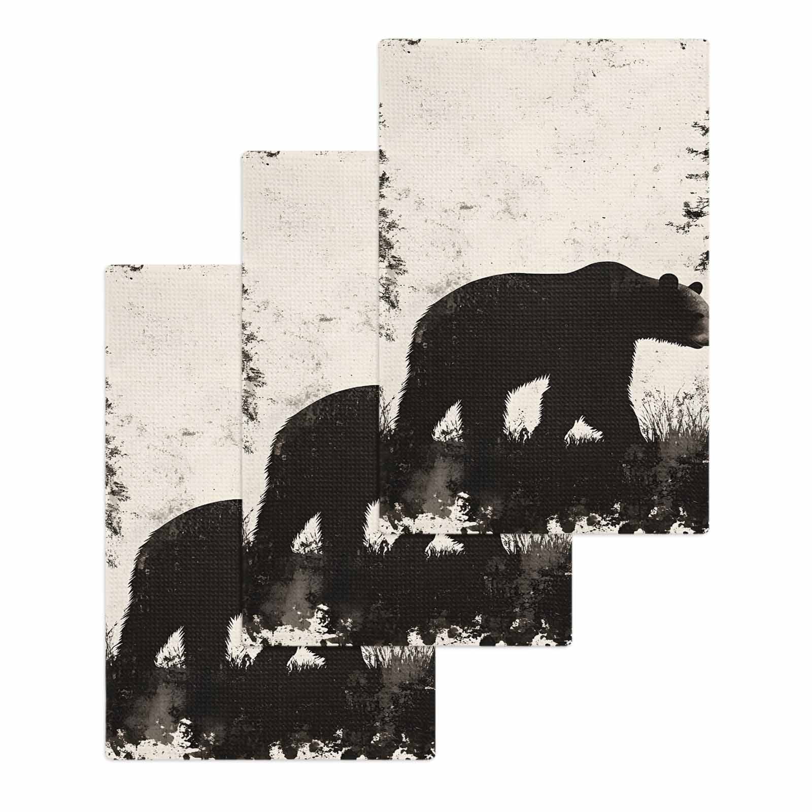 Black Bear Kitchen Dish Towels for Drying Dishes Set of 3, Vintage Forest Cabin Animals Silhouette Waffle Weave Microfiber Hand Tea Bathroom Towels Quick Dry & Absorbent Towel 15.7x23.6