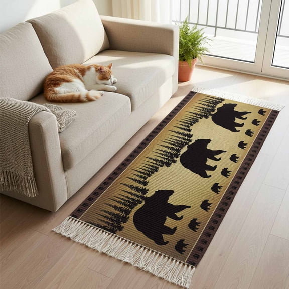Black Bear Kitchen Runner Rug 2'x4', Vintage Animals Farmhouse Pine Brown Forest Washable Rug with Tassels, Non Slip Woven Cotton Bathroom Rugs Hallway Carpet for Foyer Bedroom Entry Back Door Decor
