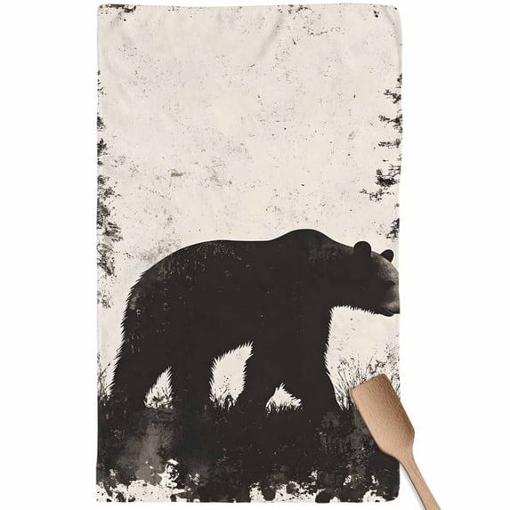 Black Bear Kitchen Towel Dish Cloths Set of 1, Microfiber Soft Kitchen Hand Towels, Vintage Forest Cabin Animals Silhouette Absorbent Quick Drying Dishcloths 18 x 28 Inches