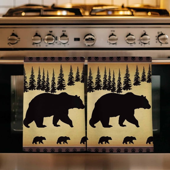 Black Bear Kitchen Towels Set of 1, Vintage Animals Farmhouse Pine Brown Forest Absorbent Dish Towels for Kitchen, Microfiber Hand Towel, Quick Drying Tea Towel for Cleaning Decorative Dishcloths