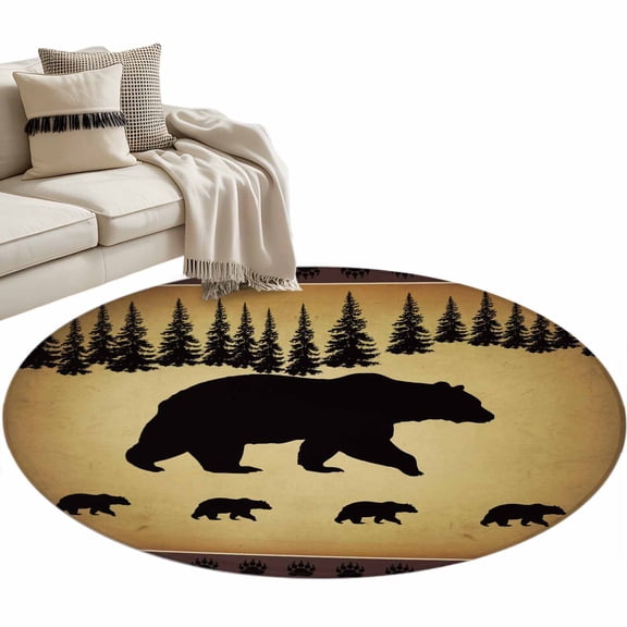 Black Bear Large Area Rugs for Bedroom Living Room, Soft Non Slip Carpet Bedside Rug, Vintage Animals Farmhouse Pine Brown Forest Round Floor Cover Kitchen Accent Rug 3.3' for Dining Room/Office
