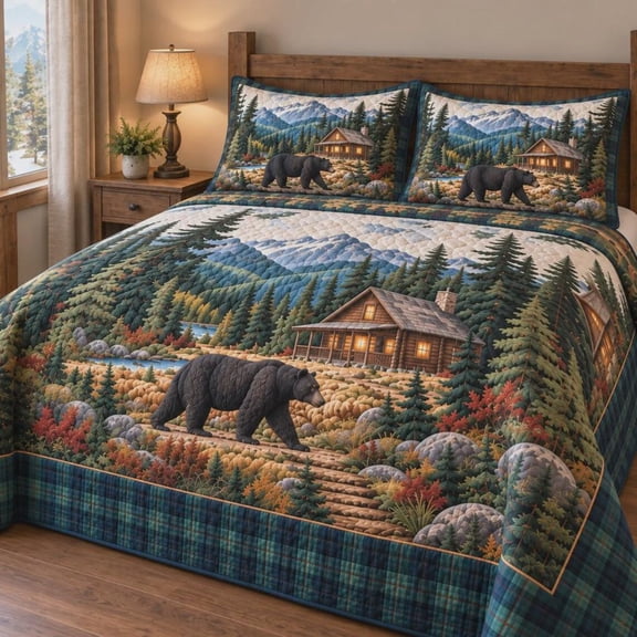 Black Bear Lodge Bedspread Quilted 3-Piece Bedding Set, Rustic Cabin Bedding, Mountain Forest Bedroom Decor, Wildlife Lover Gift