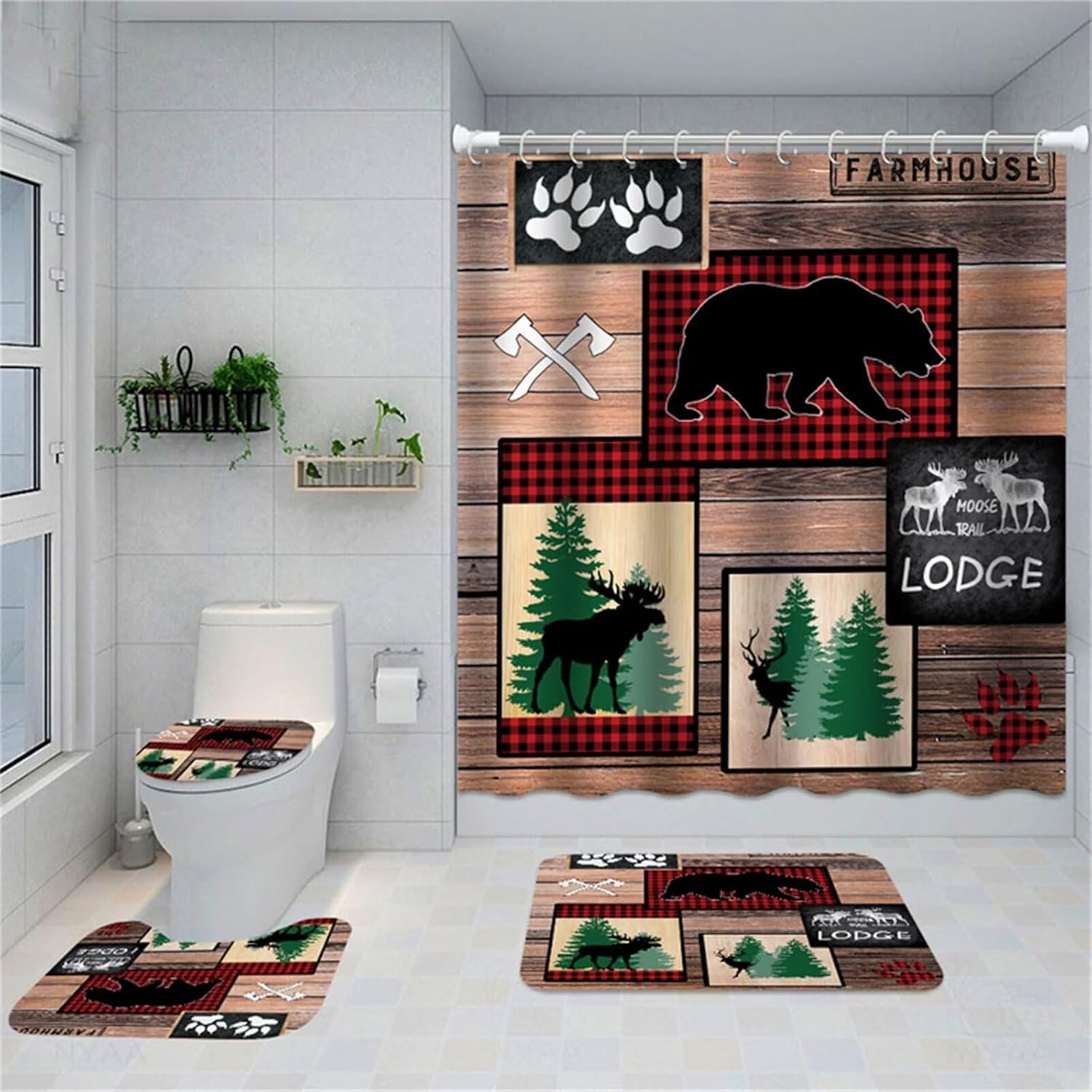 Black Bear Lodge Shower Curtain Set with Bath Rugs Waterproof Vintage ...