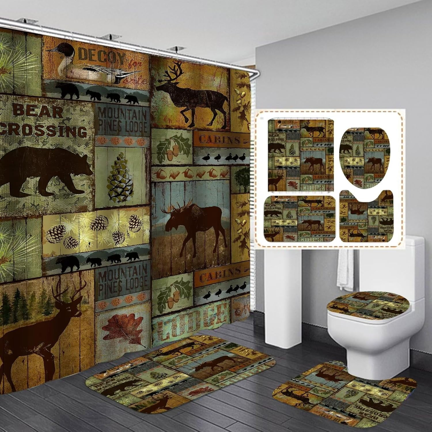 Black Bear Lodge Shower Curtain Set with Bath Rugs Waterproof Vintage ...