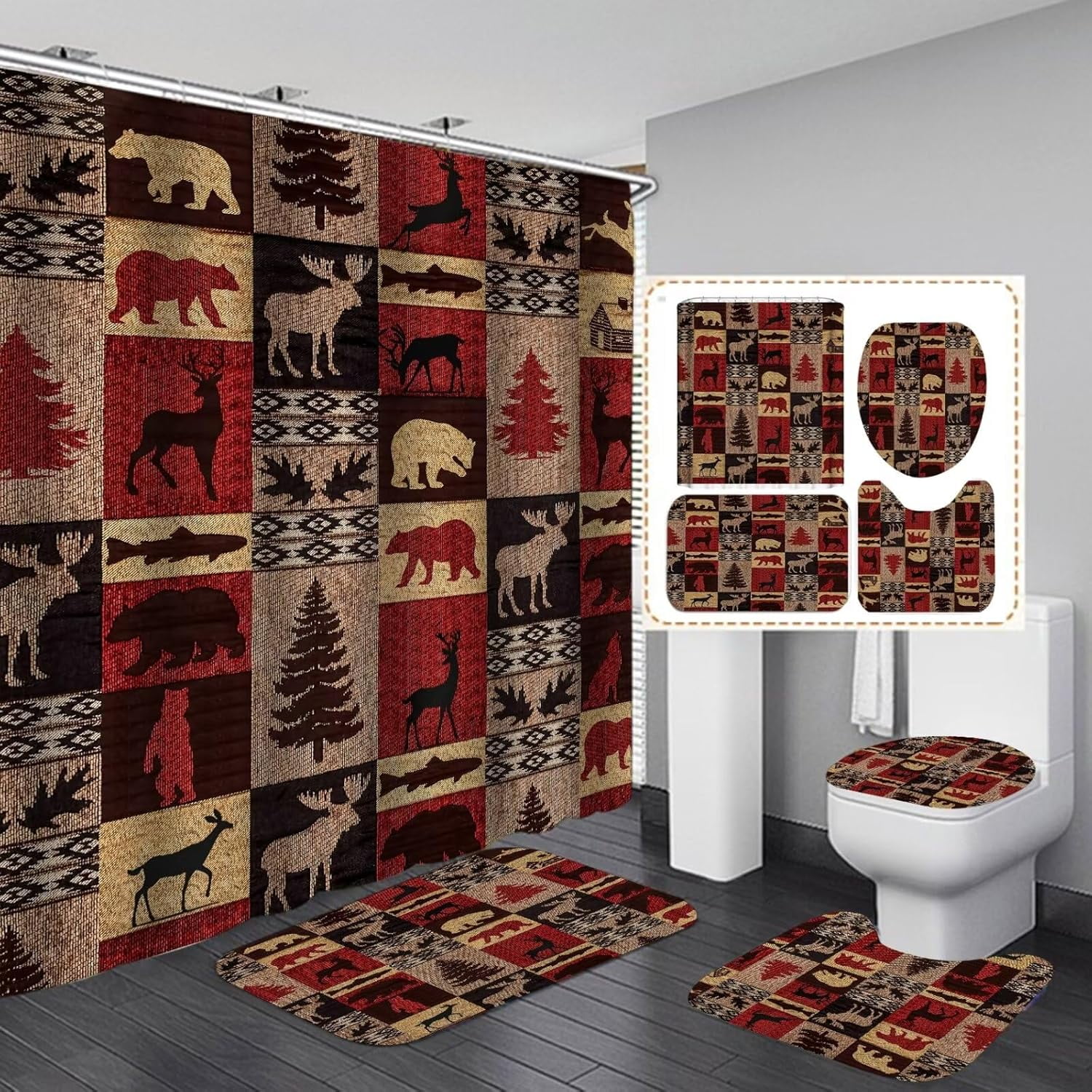 Black Bear Lodge Shower Curtain Set with Bath Rugs Waterproof Vintage ...