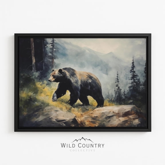 Black Bear Misty Mountain Forest Wildlife Scene Cabin Lodge Rooms Poster