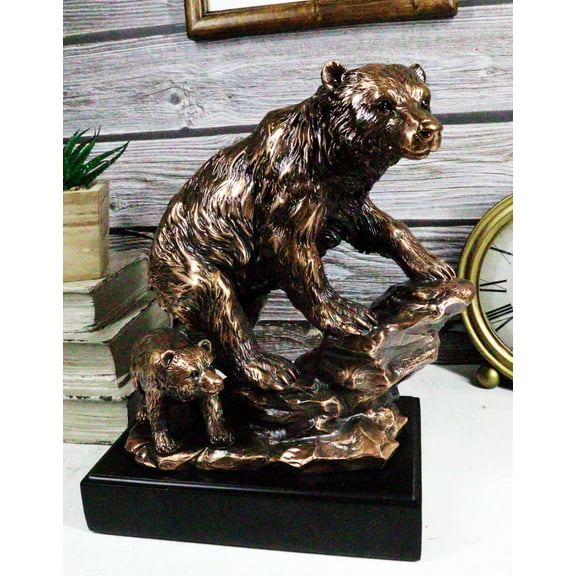 Black Bear Mother With Cub Climbing Rock Bronze Electroplated Resin Statue 9"H
