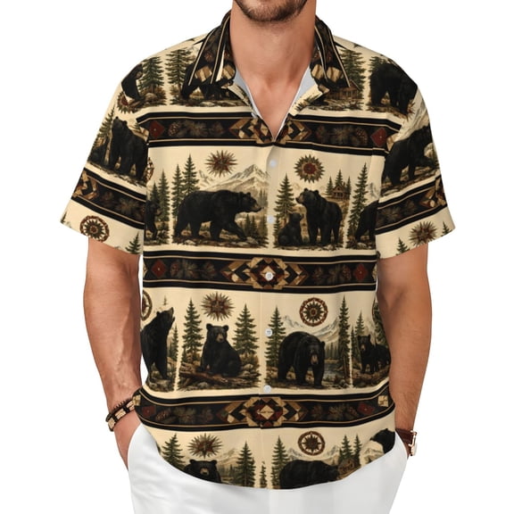 Black Bear Mountain Men's Shirts Short-Sleeved with All-Over Prints Button-Up Shirts