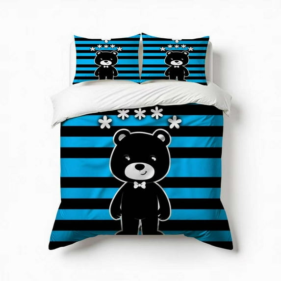 Black Bear On Blue Stripes Bedding Set 3 Pcs Soft Microfiber Quilt Cover For Bedroom Decor, Comforter Cover With 2 Pillowcase