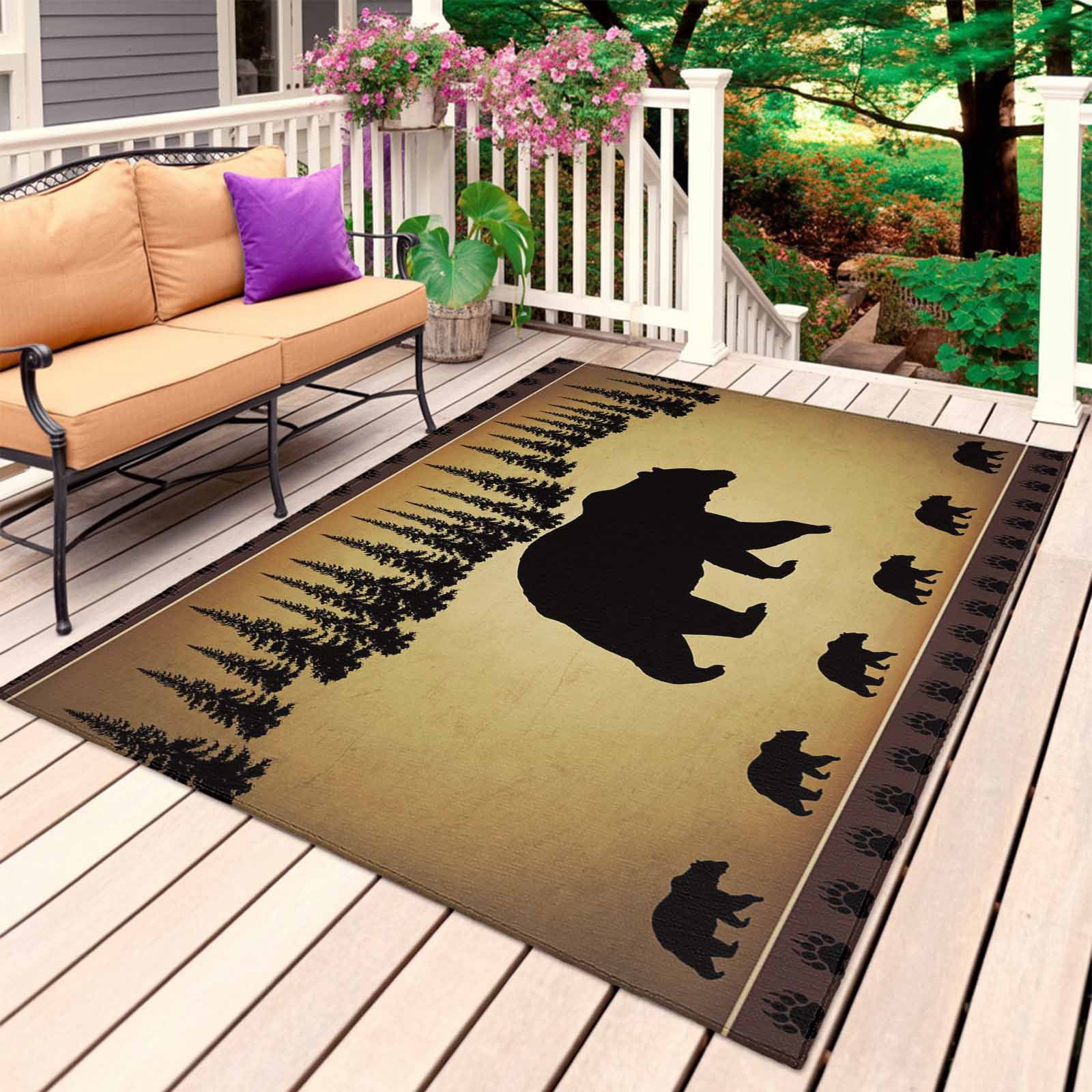 Black Bear Outdoor Rug for Patio/Deck/Porch, Non-Slip Large Area Rug 4 x 6 Ft, Vintage Animals Farmhouse Pine Brown Forest Indoor Outdoor Rugs Washable Area Rugs, Reversible Camping Rug Carpet Runner