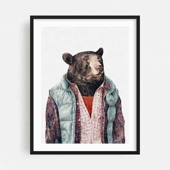 Black Bear - Painting Animal Humor Whimsical Fashion Watercolor Illustration Wildlife Black Framed Wall Art Print 9 x 12 inches