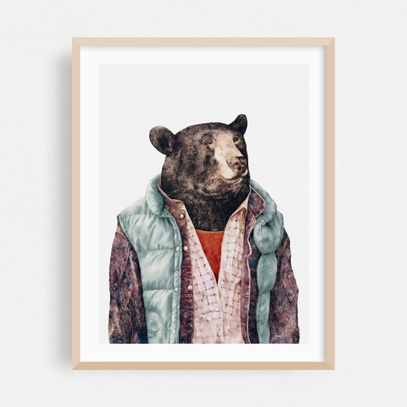 Black Bear - Painting Animal Humor Whimsical Fashion Watercolor Illustration Wildlife Oak Framed Wall Art Print 18 x 24 inches