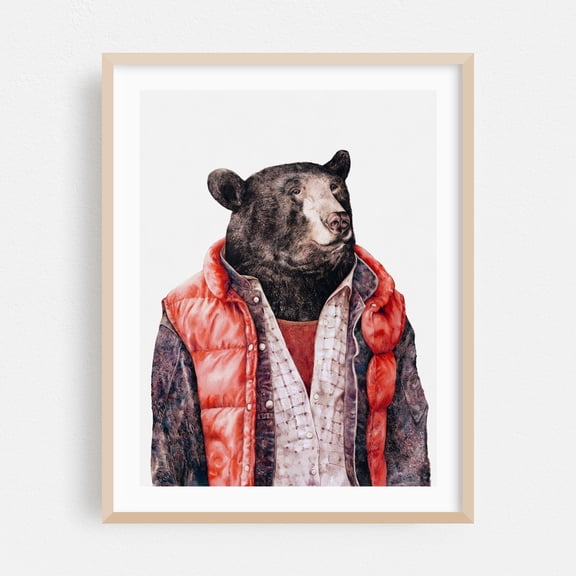 Black Bear - Painting Animal Whimsical Fashion Humor Watercolor Illustration Surrealism Oak Framed Wall Art Print 5 x 7 inches