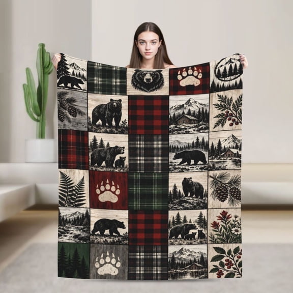 Black Bear Patchwork Blanket Gift Rustic Cabin Mountain Forest Plaid Cozy Soft Lodge Home Decor 50x40 in