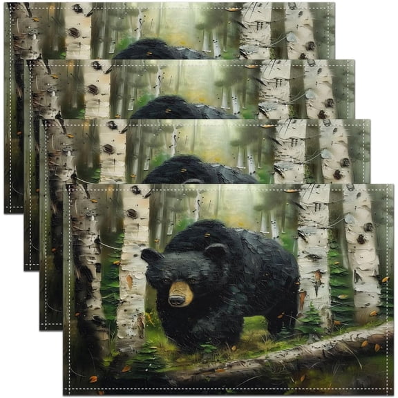 Black Bear Placemats Set of 4 Wild Animal Hunting Table Mats Rustic Country Farmhouse Place Mat for Kitchen Dining Table Party Decor Indoor Outdoor 18"x12" Non-Slip Easy to Clean