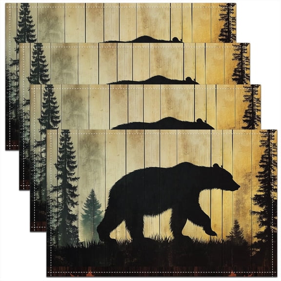 Black Bear Placemats Wild Animal Place Mats Rustic Wooden Cabin Nature Wildlife Wipeable Placemats for Dining Table Kitchen Patio Camping Oil Painting Plant Pine Tree Table Mats 12x18 Pack of 4