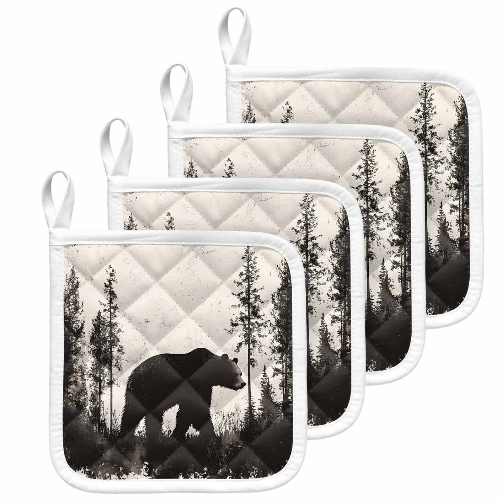 Black Bear Pot Holders for Kitchen Heatproof Potholder, 4 Pack Vintage Forest Cabin Animals Silhouette Hot Pads Multipurpose Oven Pads Cloth Potholders Trivet for Cooking and Baking