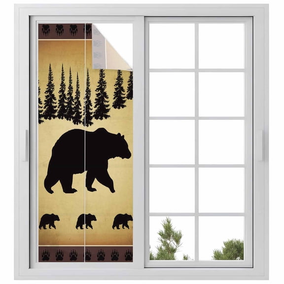 Black Bear Privacy Window Film, Decorative Frosted Glass Window Film, Vintage Animals Farmhouse Pine Brown Forest Reusable Peel and Stick Static Cling for Home Bathroom Office Glass Door 23.6"x59"