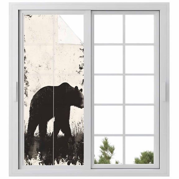Black Bear Privacy Window Film, Decorative Frosted Glass Window Film, Vintage Forest Cabin Animals Silhouette Reusable Peel and Stick Static Cling for Home Bathroom Office Glass Door 23.6"x59"