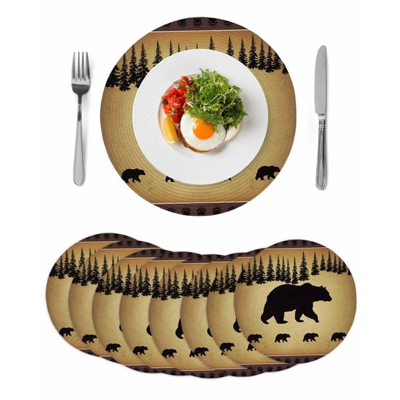 Black Bear Round 15 Inch Placemats Set of 8, Vintage Animals Farmhouse Pine Brown Forest HeatResistant Non Slip Place Mats for Dining Table, Wipeable Braided Kitchen Table Mats for Housewarming
