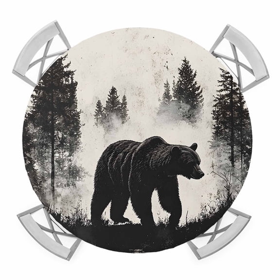 Black Bear Round Tablecloth for 36-44 Inch Tables, Fitted Table Cover with Elastic Edge, Farmhouse Forest Animals Vintage Waterproof Outdoor Table Cloth Protector for Patio Garden Dinner Picnic