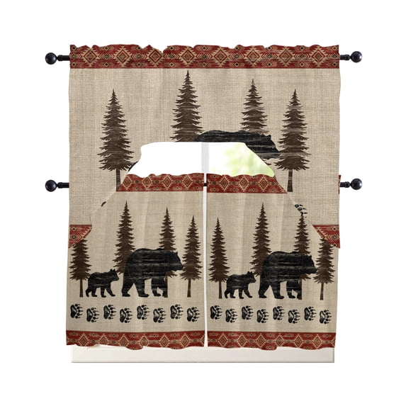 Black Bear Rustic Kitchen Curtains Set for Windows 3 Piece Cafe Curtains 36 Inch Length Swag Curtains Valances and Tier Set Trees Cabin Vintage Art Retro Art Drapes for Bedroom Bathroom Living Room