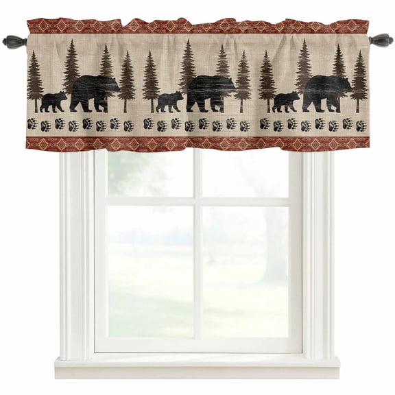 Black Bear Rustic Kitchen Valances for Windows, Trees Cabin Vintage Art Retro Art Bathroom Window Valances 42x12 Inch Rod Pocket Window Treatments Valance Curtains for Living Room Bedroom Decor