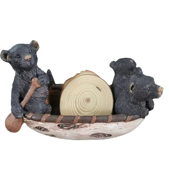 Black Bear Sculpture in Wooden Canoe Wilderness for Cabin Living Room