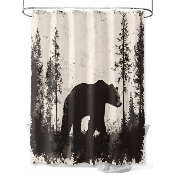 Black Bear Shower Curtain Set, Waterproof Shower Curtains for Bathroom, Vintage Forest Cabin Animals Silhouette Washable Fabric Cloth Bath Curtain for Bathtub Decoration with Hooks 72x78 Inches