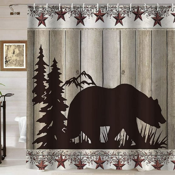 Black Bear Shower Curtain, Western Country Primitive Berries Pine Tree Woodland Animals Cabin Rustic Farmhouse Bathroom Decor, Fabric Shower Curtain, 72 X 72 Inch, Red Stars