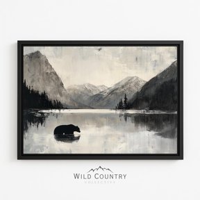Black Bear Silhouette Monochrome Mountain Lake Reflection Moody Nordic Wildlife Poster