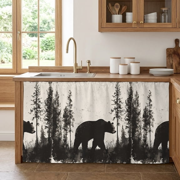 Black Bear Sink Skirt Curtain 32''x55'', Vintage Forest Cabin Animals Silhouette Cabinet Door Curtain Pantry Utility Curtains, Bathroom Kitchen Laundry Privacy Drape Waterproof Dishwasher Curtains