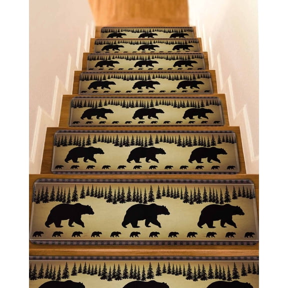 Black Bear Stair Treads for Wooden Steps Indoor Runner Rug Carpet, Vintage Animals Farmhouse Pine Brown Forest 4 Pieces Peel and Stick Staircase Step Treads Covers Washable Throw Door Mats, 30"x8"