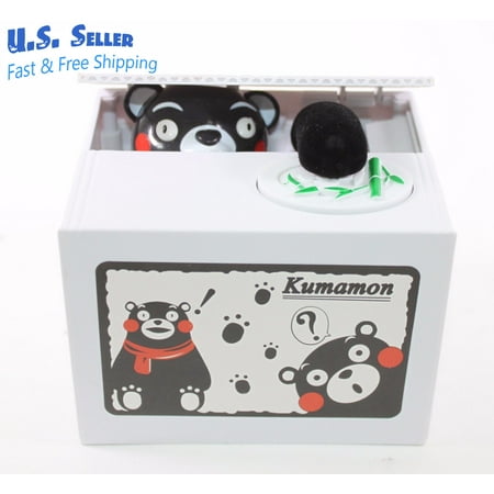 Black Bear Stealing Coin to Bamboo Money Box Bank Home Decor Gift B11720