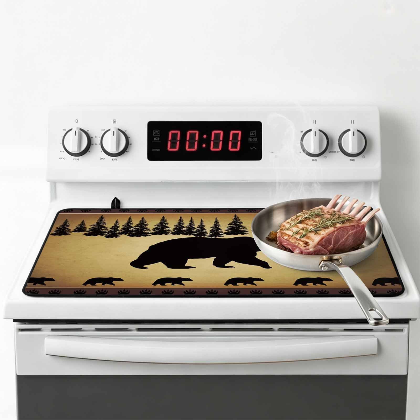 Black Bear Stove Top Cover for Electric Stove, Heat-proof & Non Slip Glass Top Stove Cover Protector, Vintage Animals Farmhouse Pine Brown Forest Kitchen Flat Cooktop Rubber Mat 24x21 Inches